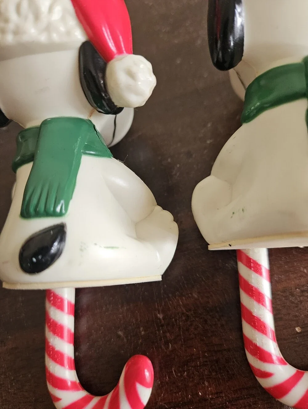 Vintage 1986 Snoopy Christmas Stocking Hangers Holders Pair Peanuts Candy Cane